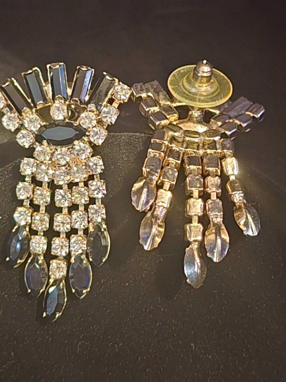 Beautiful Vintage Silver Tone Black Stone and Rhinestone Drop Pierced Earr - Picture 2 of 2